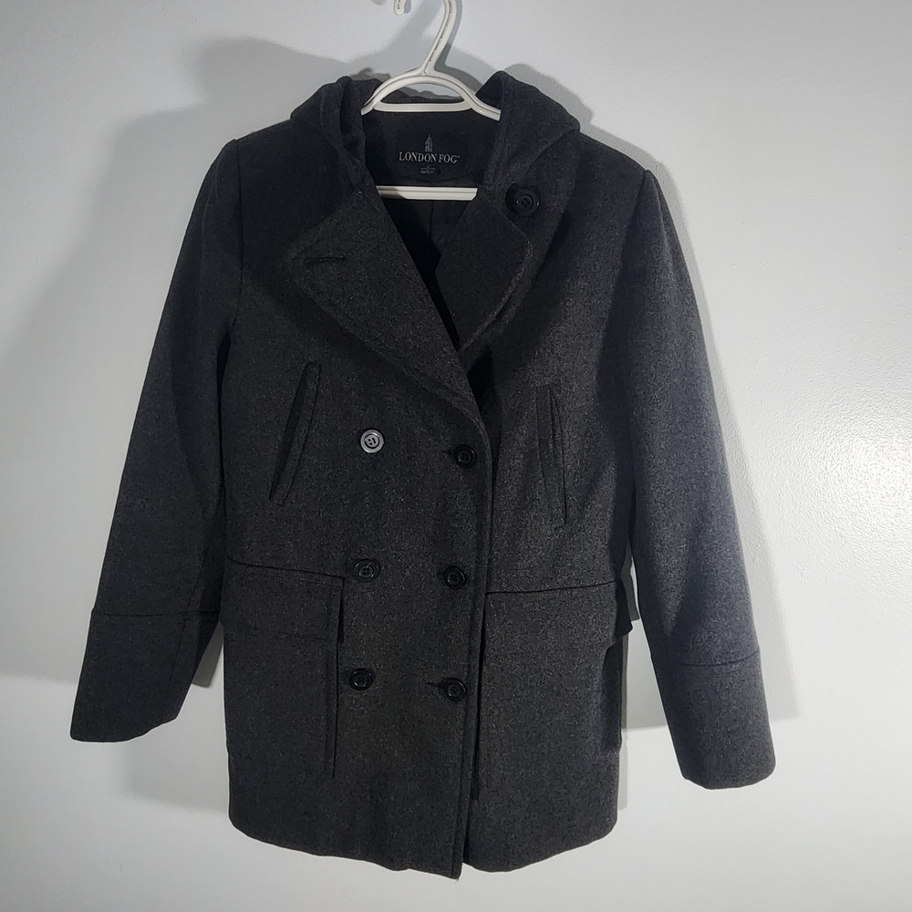 London Fog Women's Gray Double Breasted Trench Hooded Coat Wool